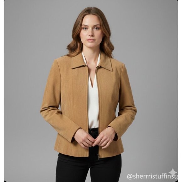 Siena Jackets & Blazers - VTG Siena Womens Tan Suede Leather Jacket Full-Zip Collared 1990s Vintage L